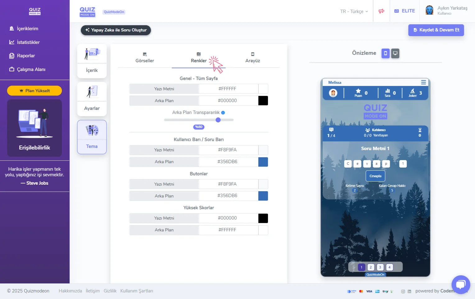 kelime oyunu oluşturma - tema editörü - renkler