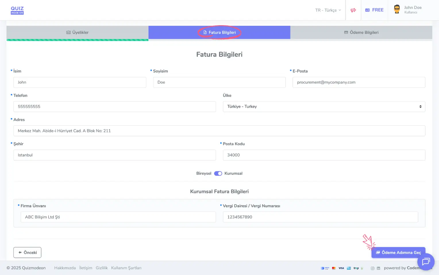 admin üye - üyelik planı yükseltme - fatura bilgileri
