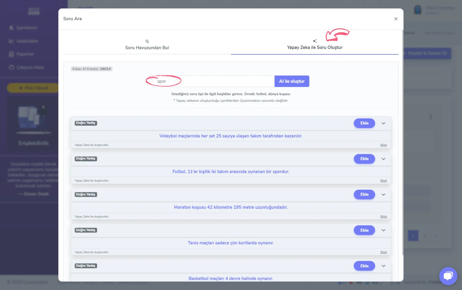 doğru yanlış oluşturma - içerik - soru ekleme - yapay zeka ile soru oluşturma