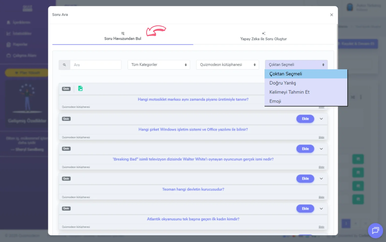 karma quiz oluşturma - içerik - soru ekleme - soru havuzu