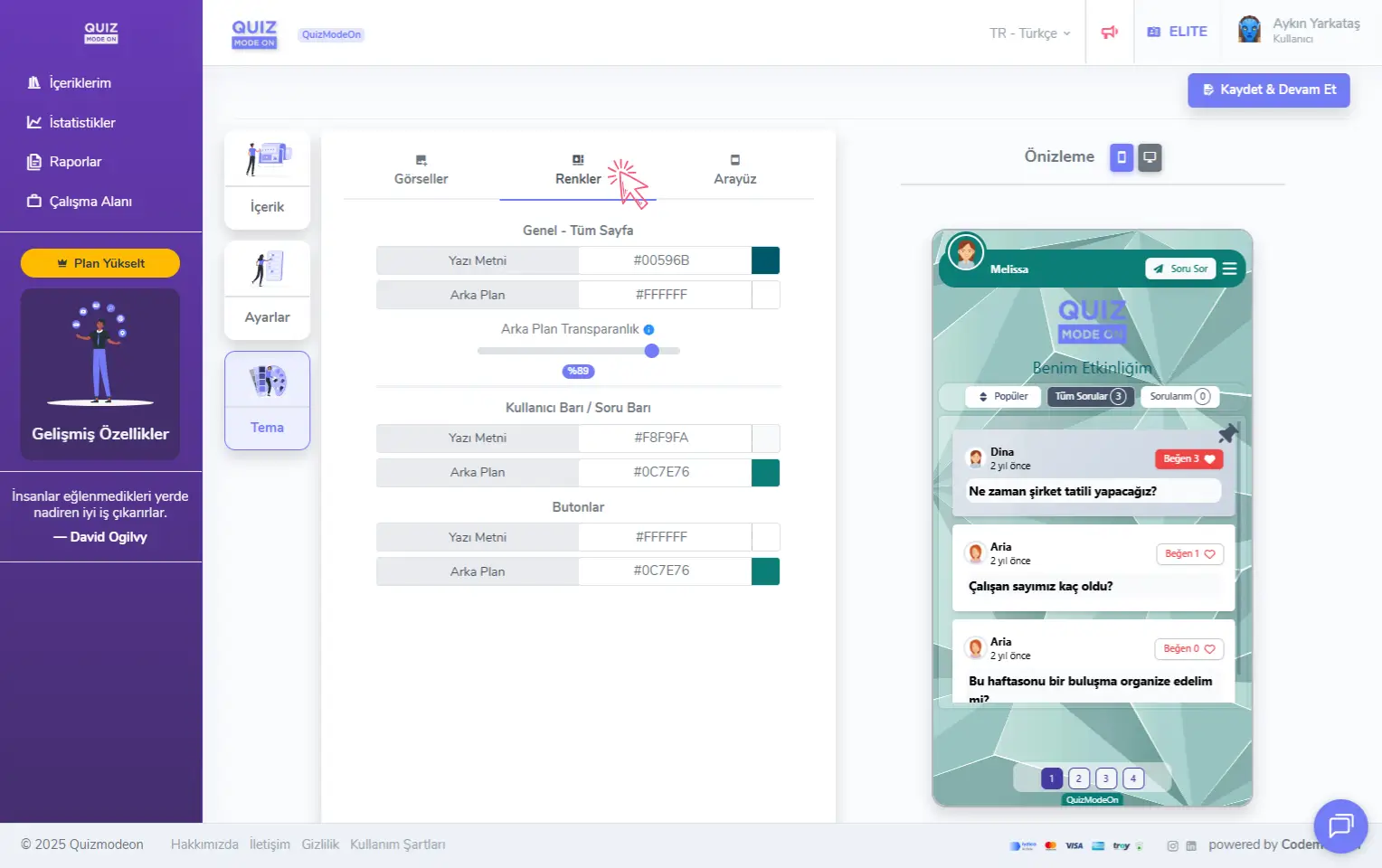 soru ve cevap oluşturma - tema editörü - renkler