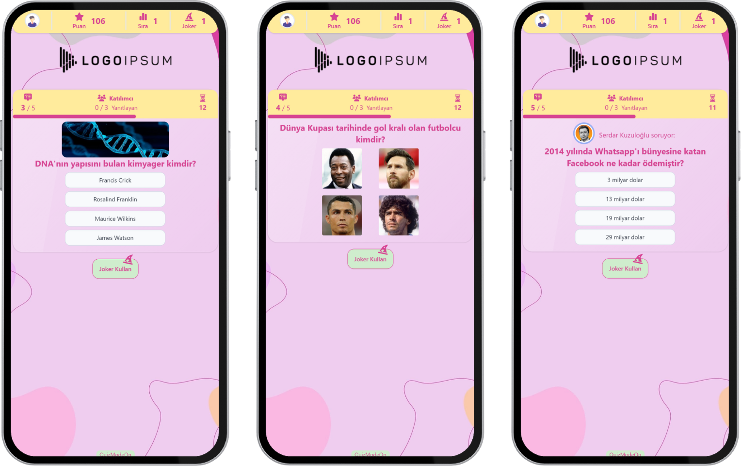 katılımcı - etkinlik akışı (quiz) - soru ve cevap formatları