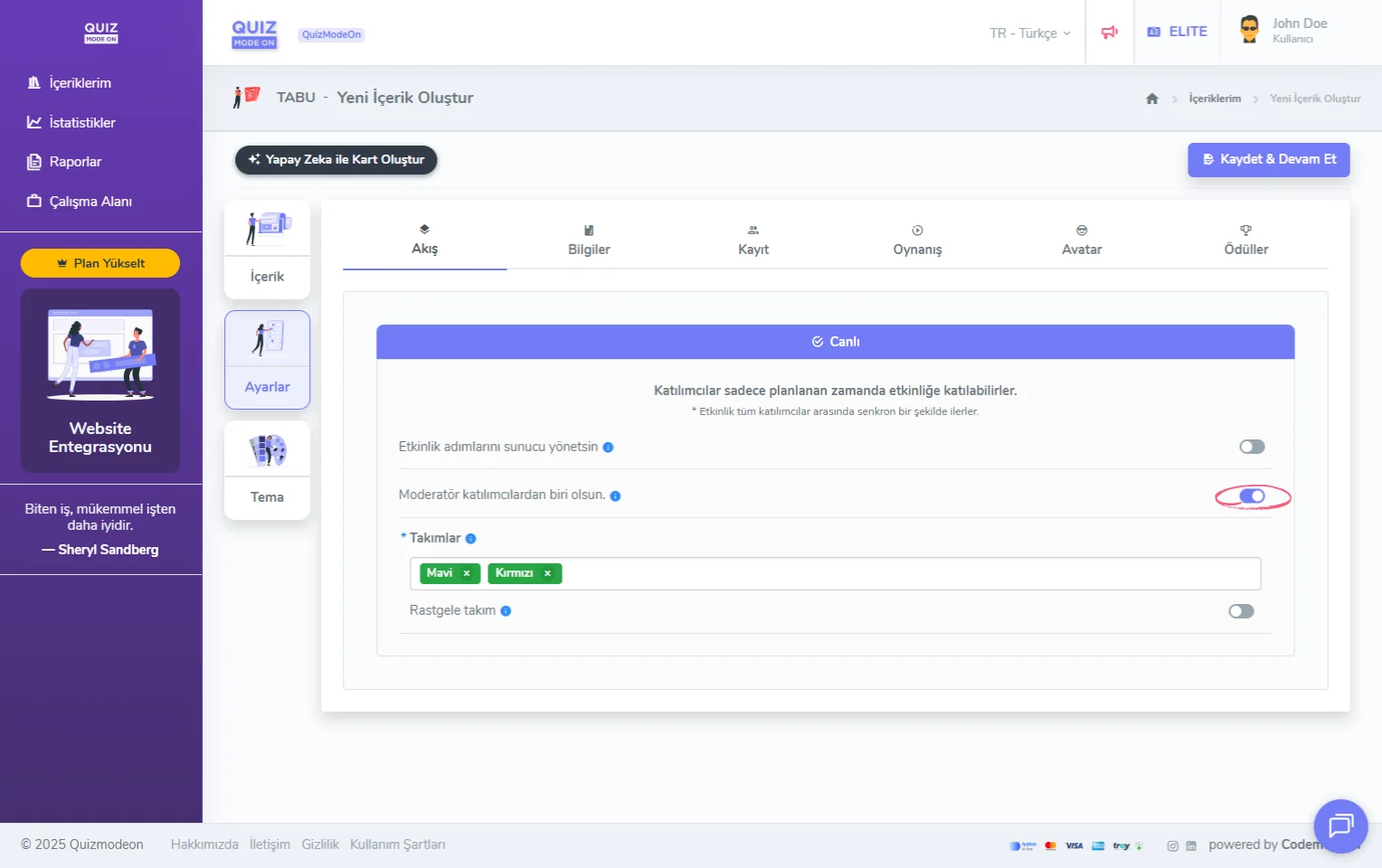 tabu oluşturma - ayarlar - etkinlik akışı - canlı - akış yönetimi - oyuncu