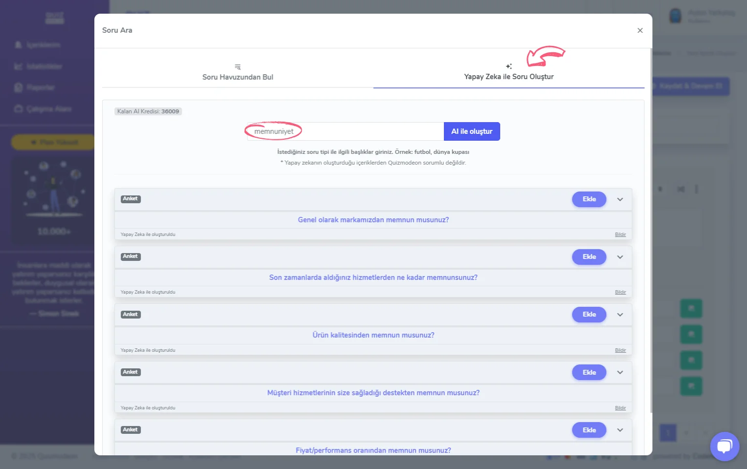 anket oluşturma - içerik - soru ekleme - yapay zeka ile soru oluşturma