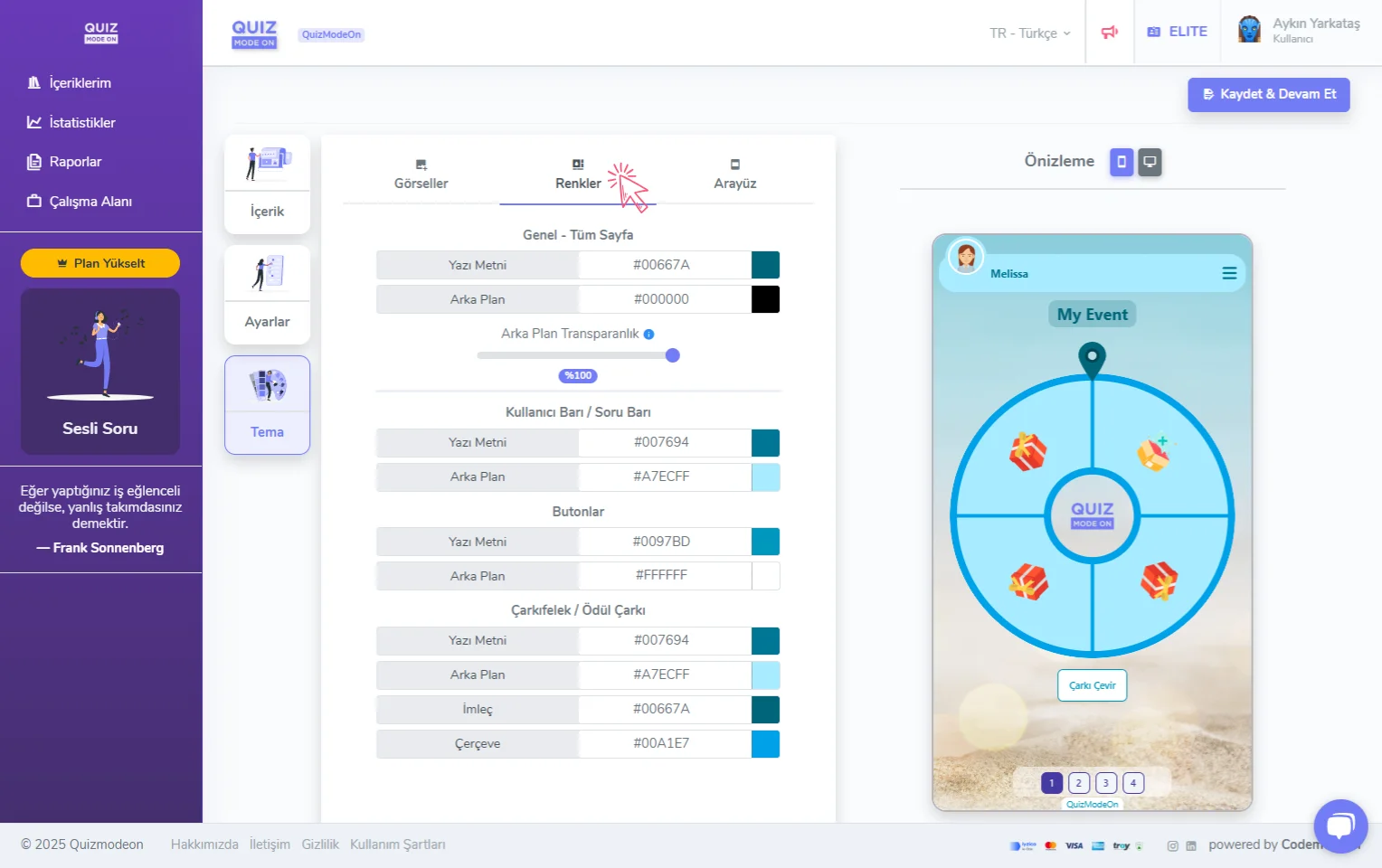 ödül çarkı oluşturma - tema editörü - renkler