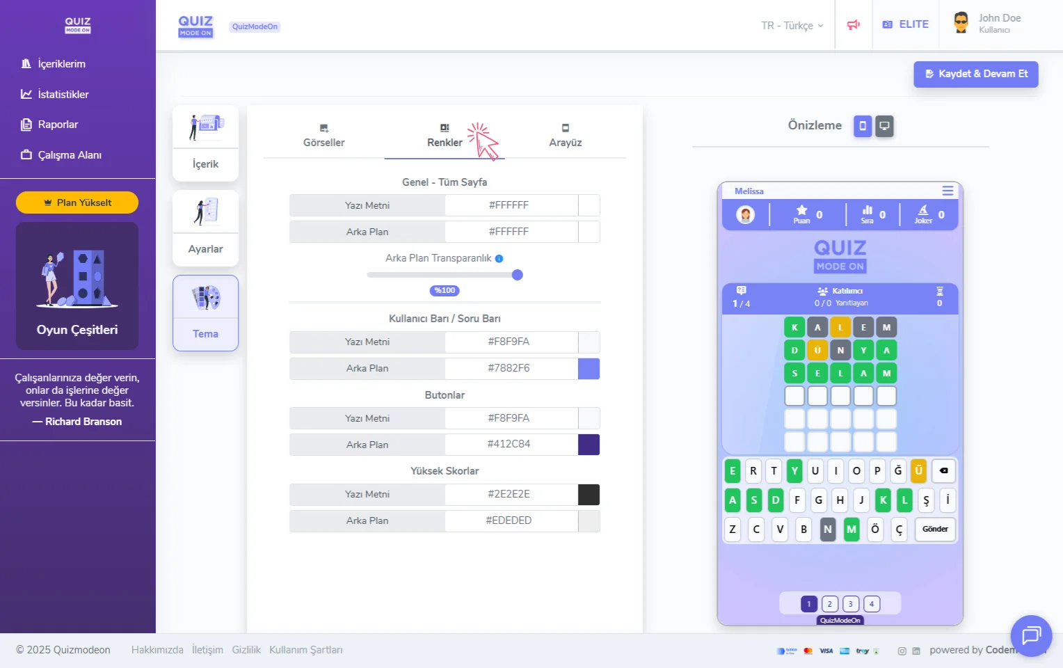 wordle oluşturma - tema editörü - renkler