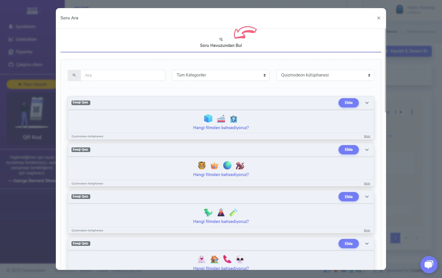 emoji quiz oluşturma - içerik - soru ekleme - soru havuzu