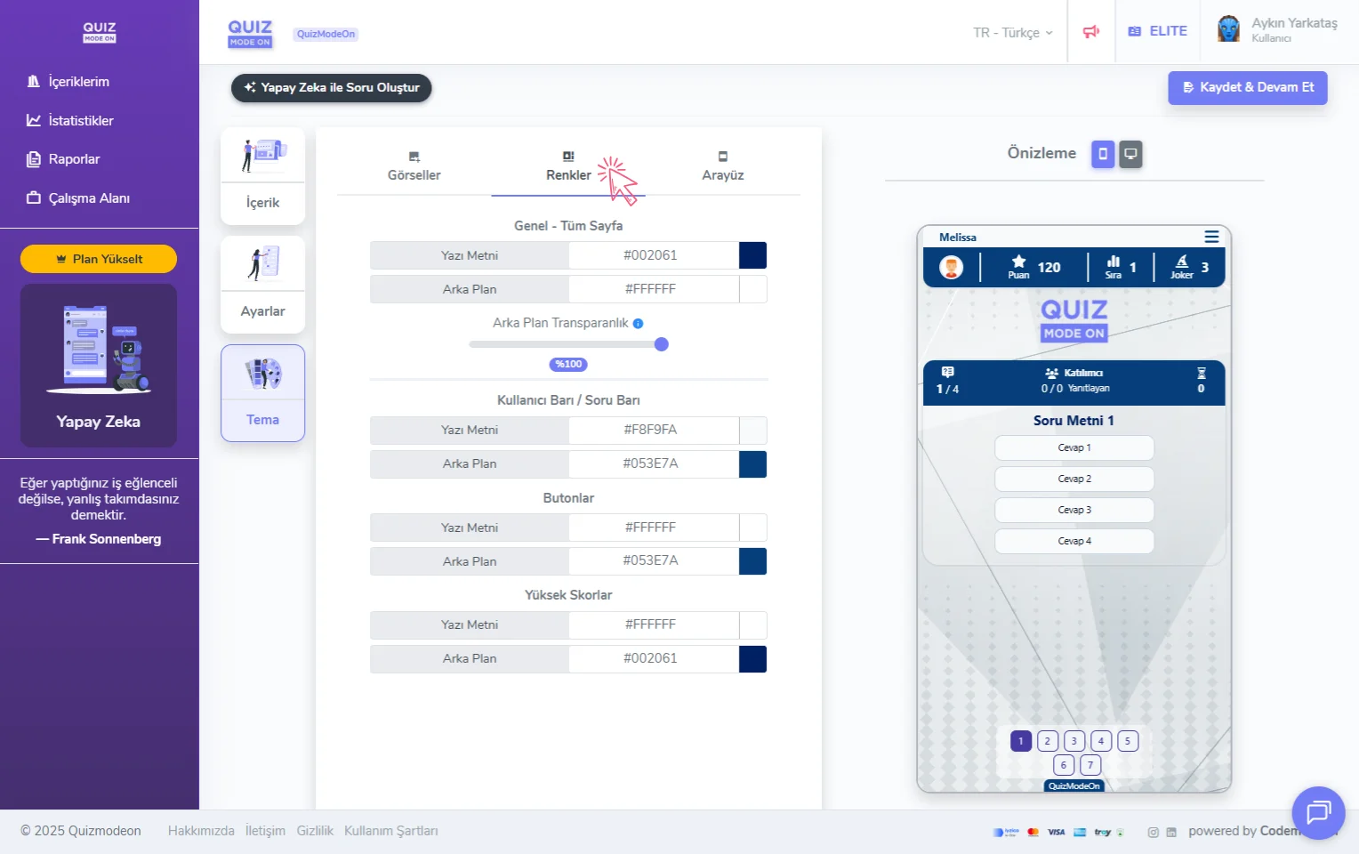 karma quiz oluşturma - tema editörü - renkler