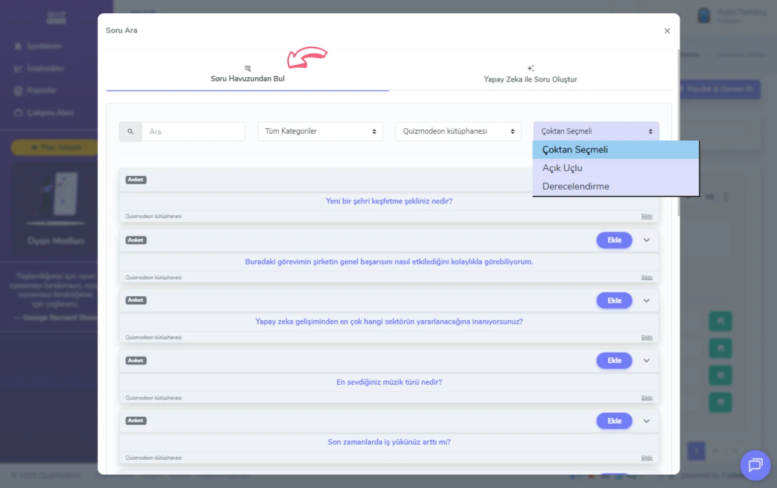 karma anket oluşturma - içerik - soru ekleme - soru havuzu