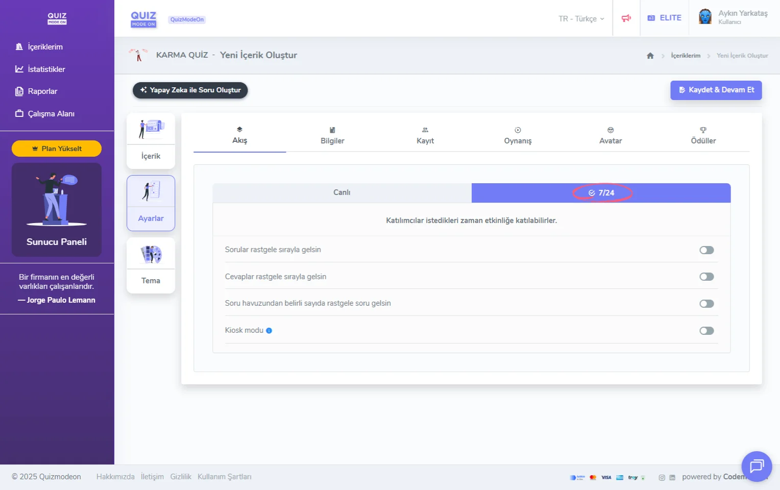 karma quiz oluşturma - ayarlar - etkinlik akışı - asenkron (7/24)