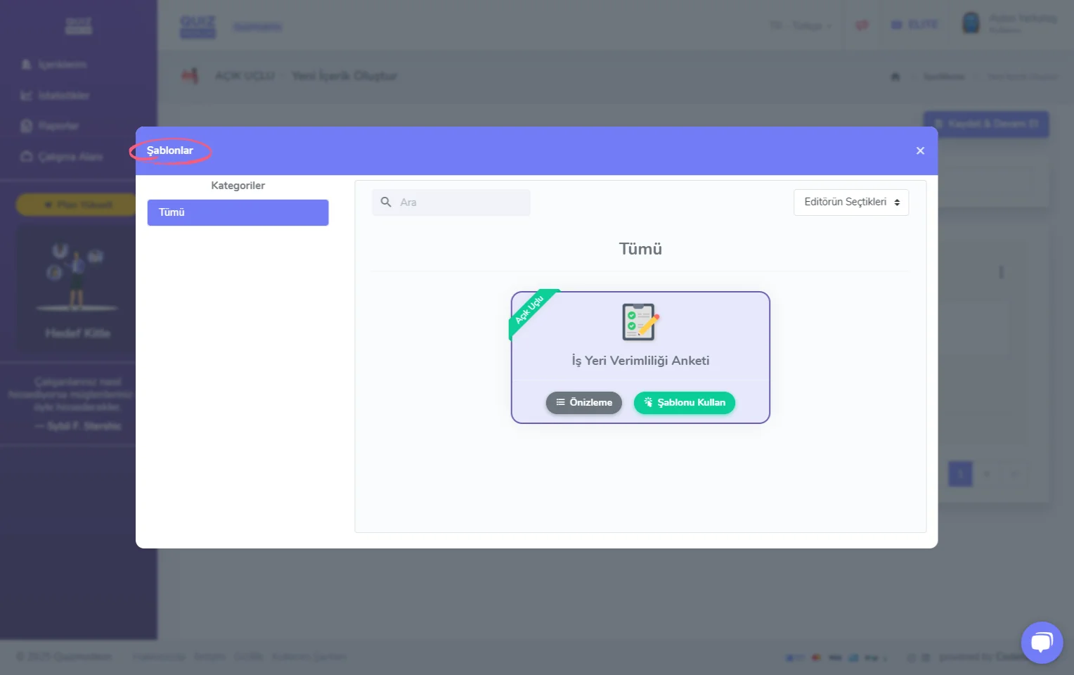 açık uçlu oluşturma - içerik - soru ekleme - hazır içerik şablonları