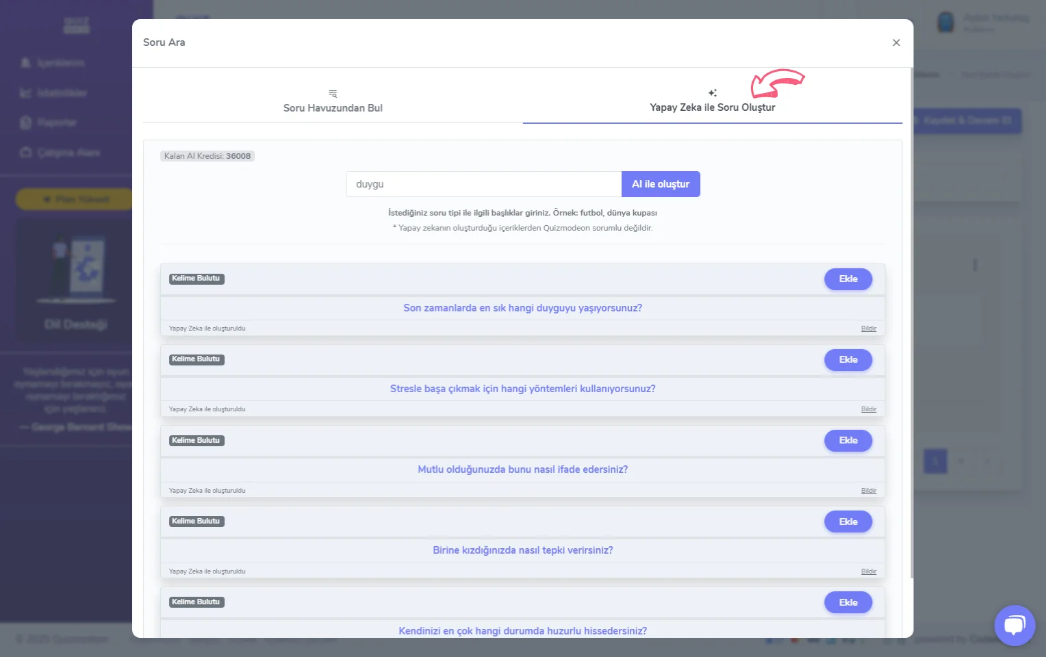 kelime bulutu oluşturma - içerik - soru ekleme - yapay zeka ile soru oluşturma