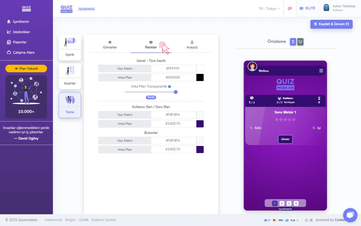 derecelendirme oluşturma - tema editörü - renkler