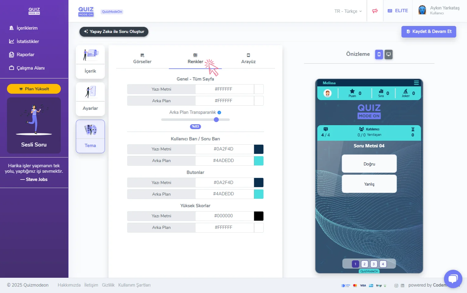 doğru yanlış oluşturma - tema editörü - renkler