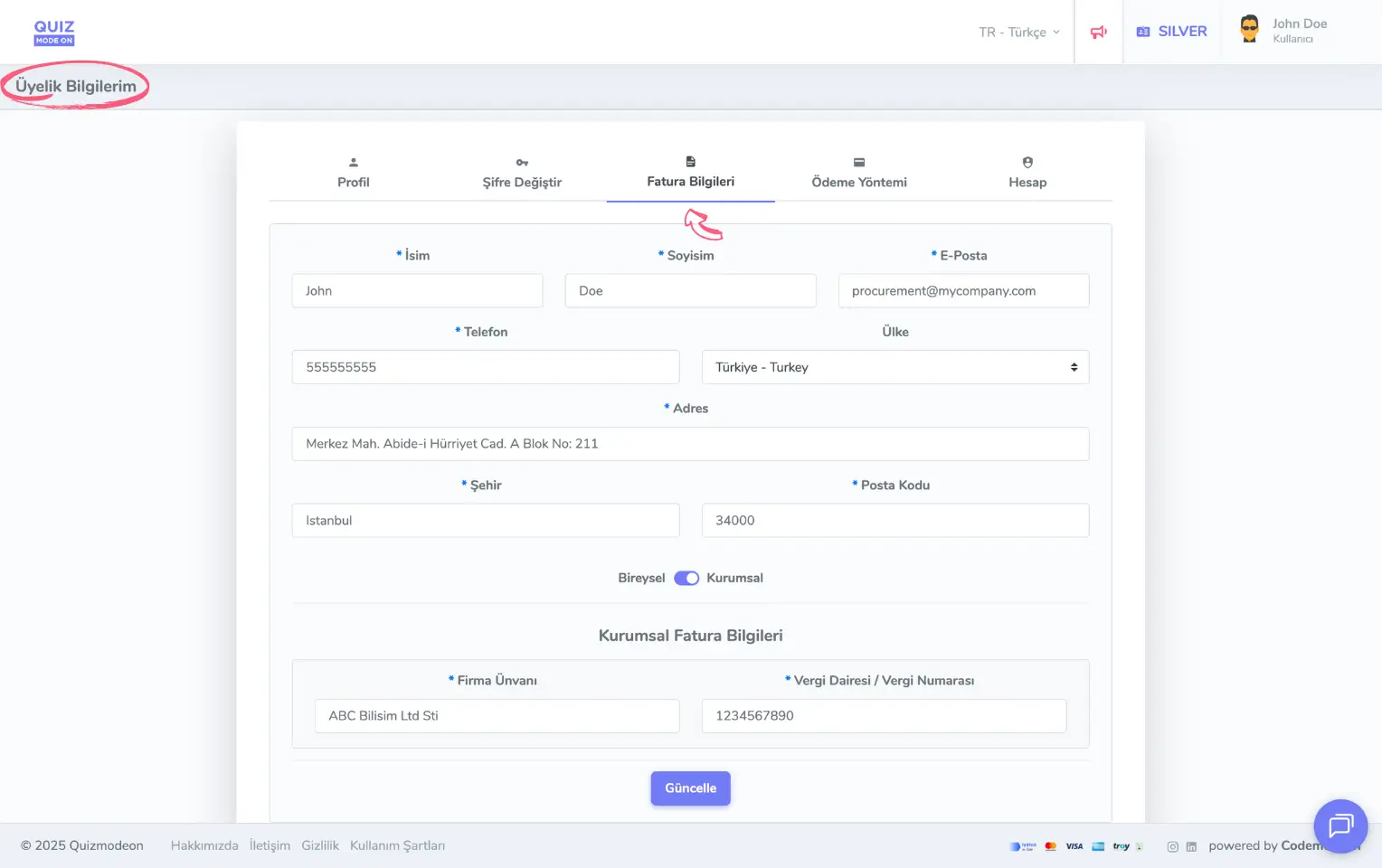 admin üye - kullanıcı menüsü - üyelik bilgileri - fatura bilgileri