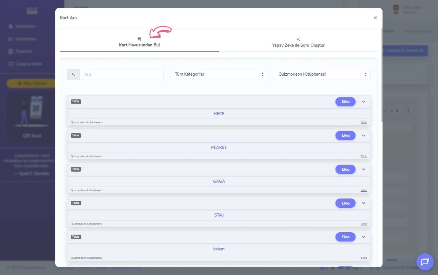 tabu oluşturma - içerik - kart ekleme - kart havuzu