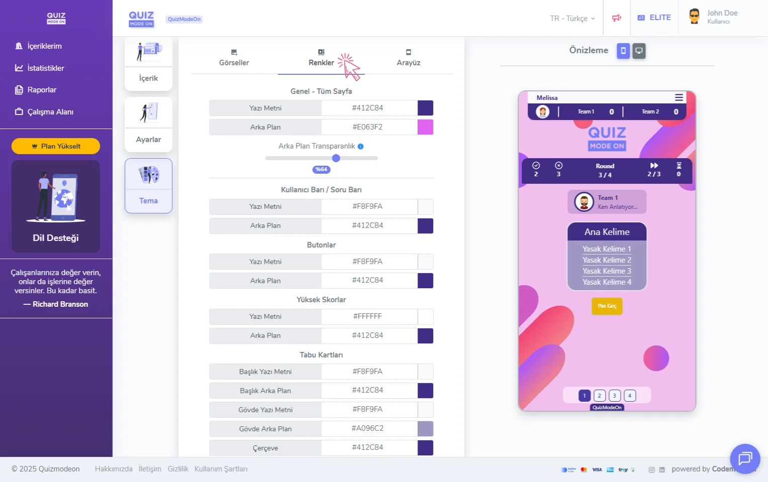 tabu oluşturma - tema editörü - renkler