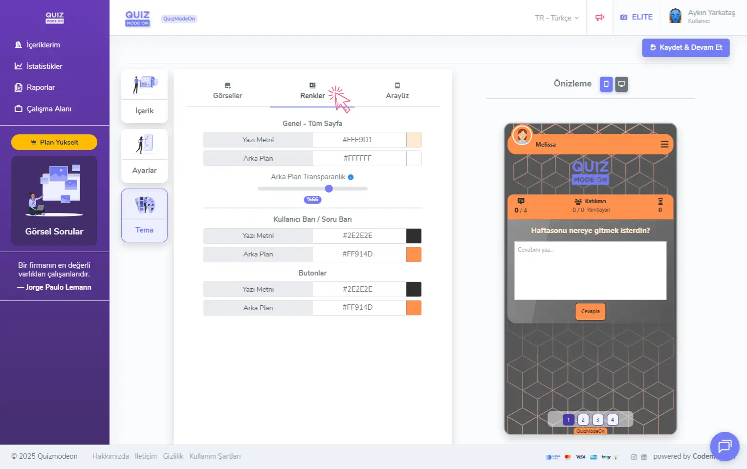 açık uçlu oluşturma - tema editörü - renkler