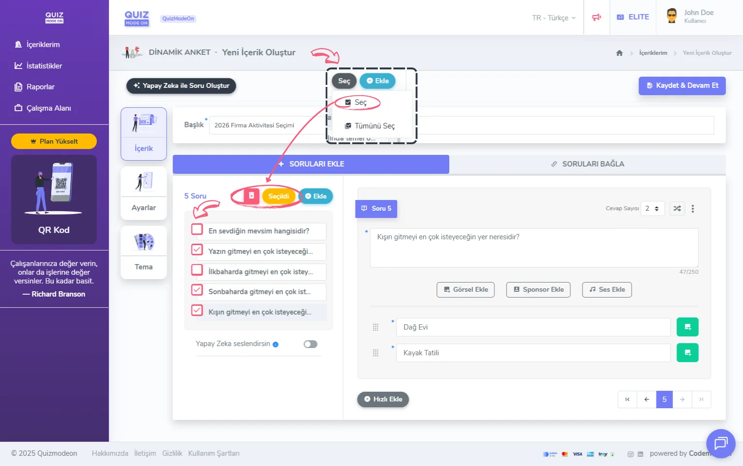dinamik anket oluşturma - içerik - soru silme