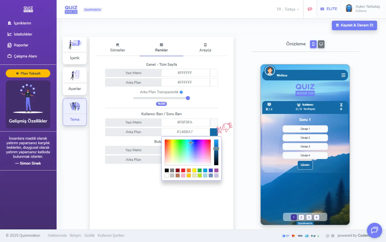 anket oluşturma - tema editörü - renkler - renk seçimi