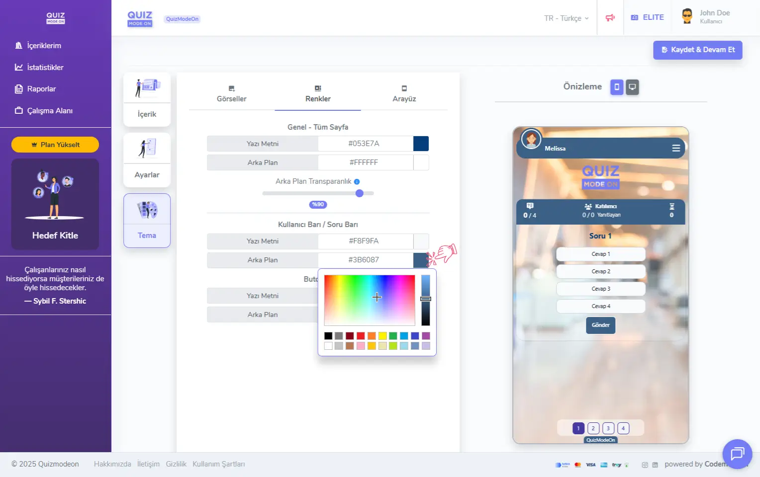 dinamik anket oluşturma - tema editörü - renkler - renk seçimi