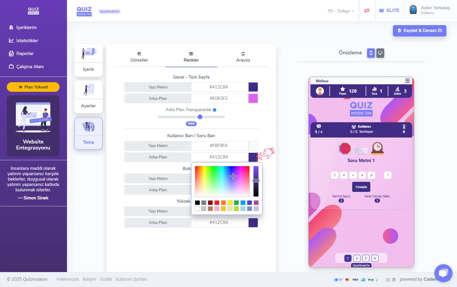 emoji quiz oluşturma - tema editörü - renkler - renk seçimi