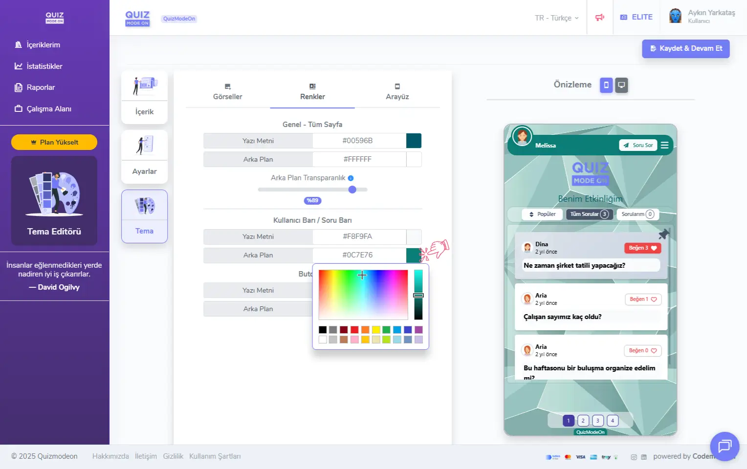 soru ve cevap oluşturma - tema editörü - renkler - renk seçimi