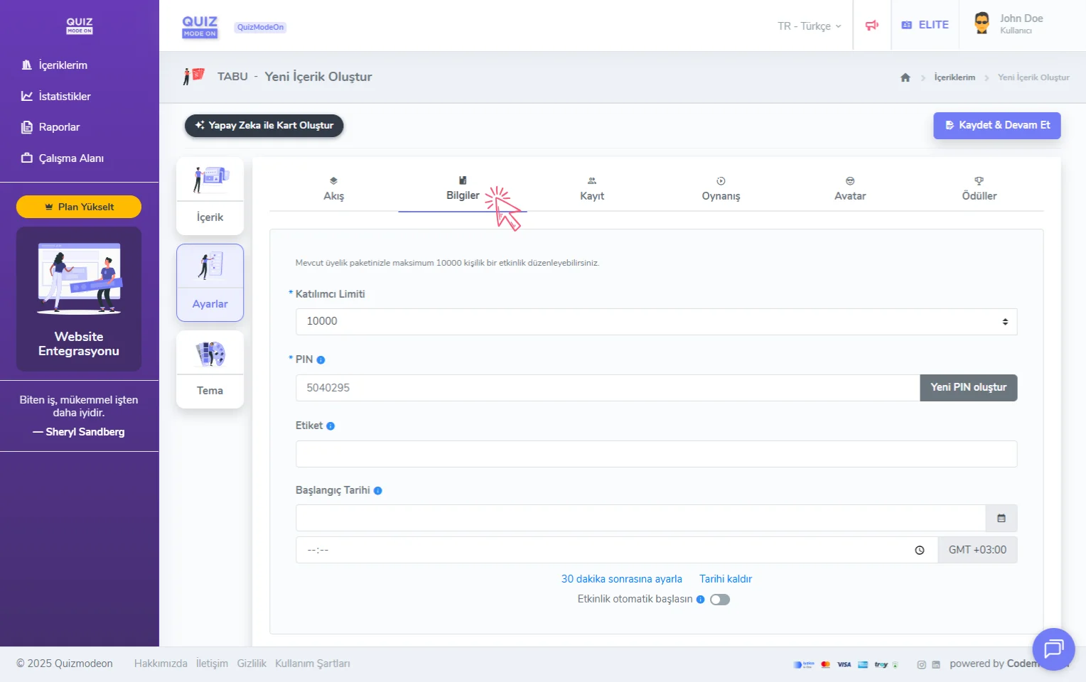 tabu oluşturma - ayarlar - genel bilgiler