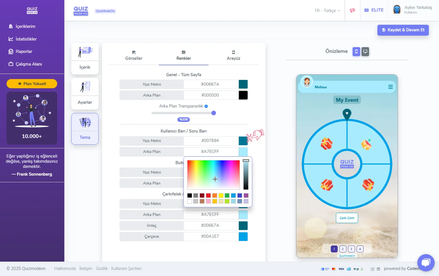 ödül çarkı oluşturma - tema editörü - renkler - renk seçimi