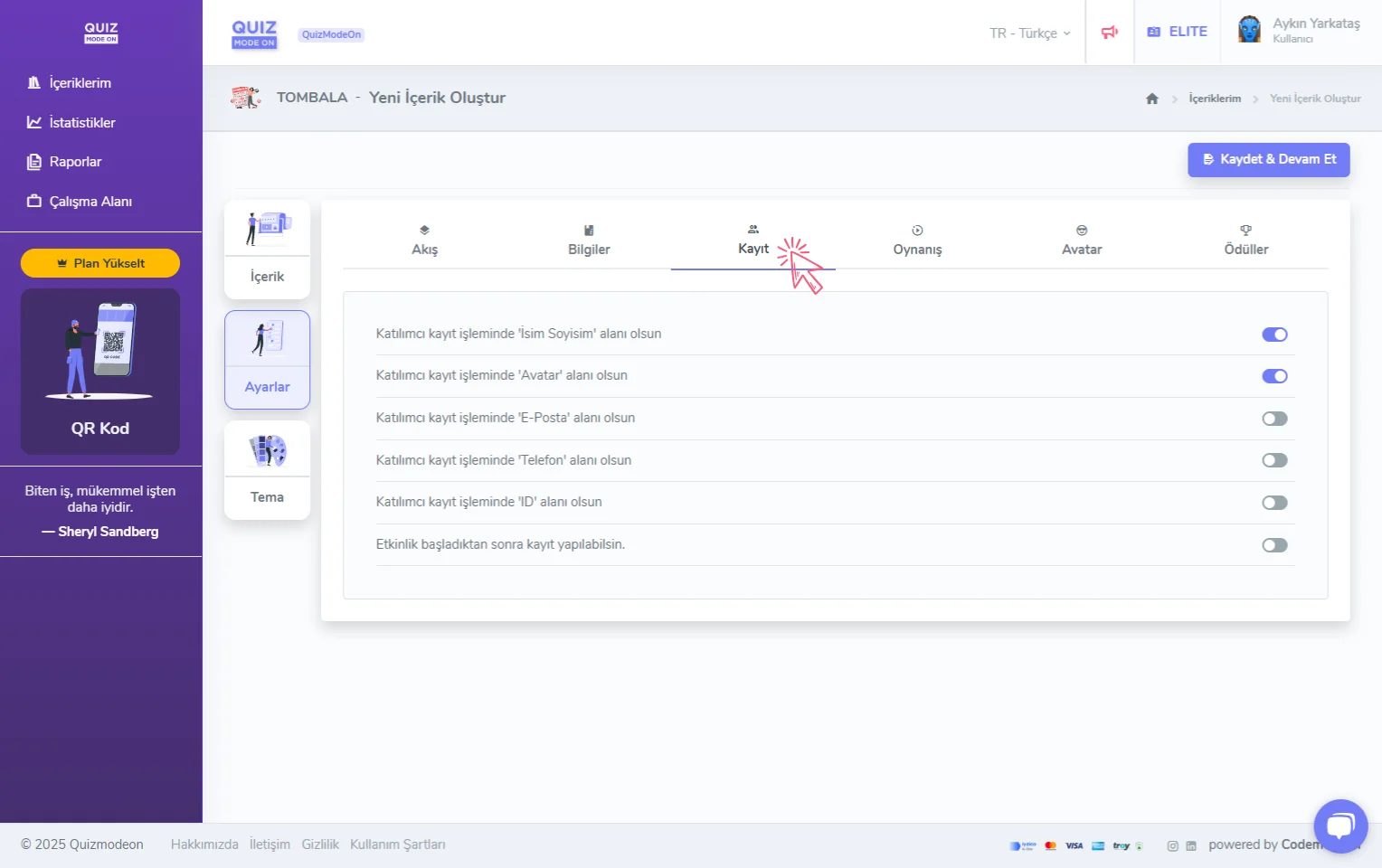 tombala oluşturma - ayarlar - katılımcı kayıt bilgileri