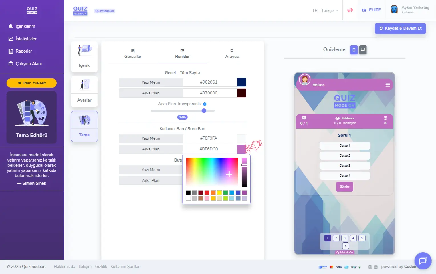 karma anket oluşturma - tema editörü - renkler - renk seçimi