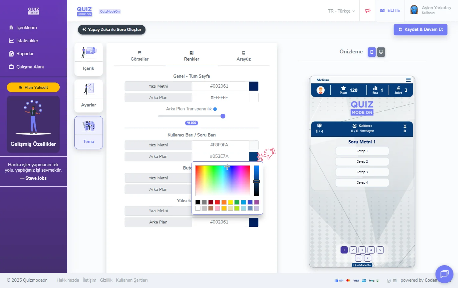 karma quiz oluşturma - tema editörü - renkler - renk seçimi