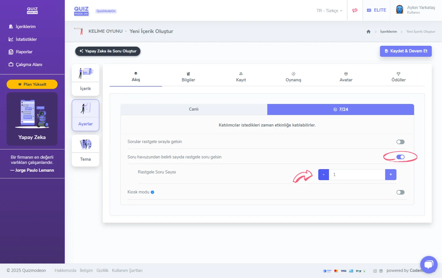 kelime oyunu oluşturma - ayarlar - etkinlik akışı - asenkron (7/24) - soru havuzu