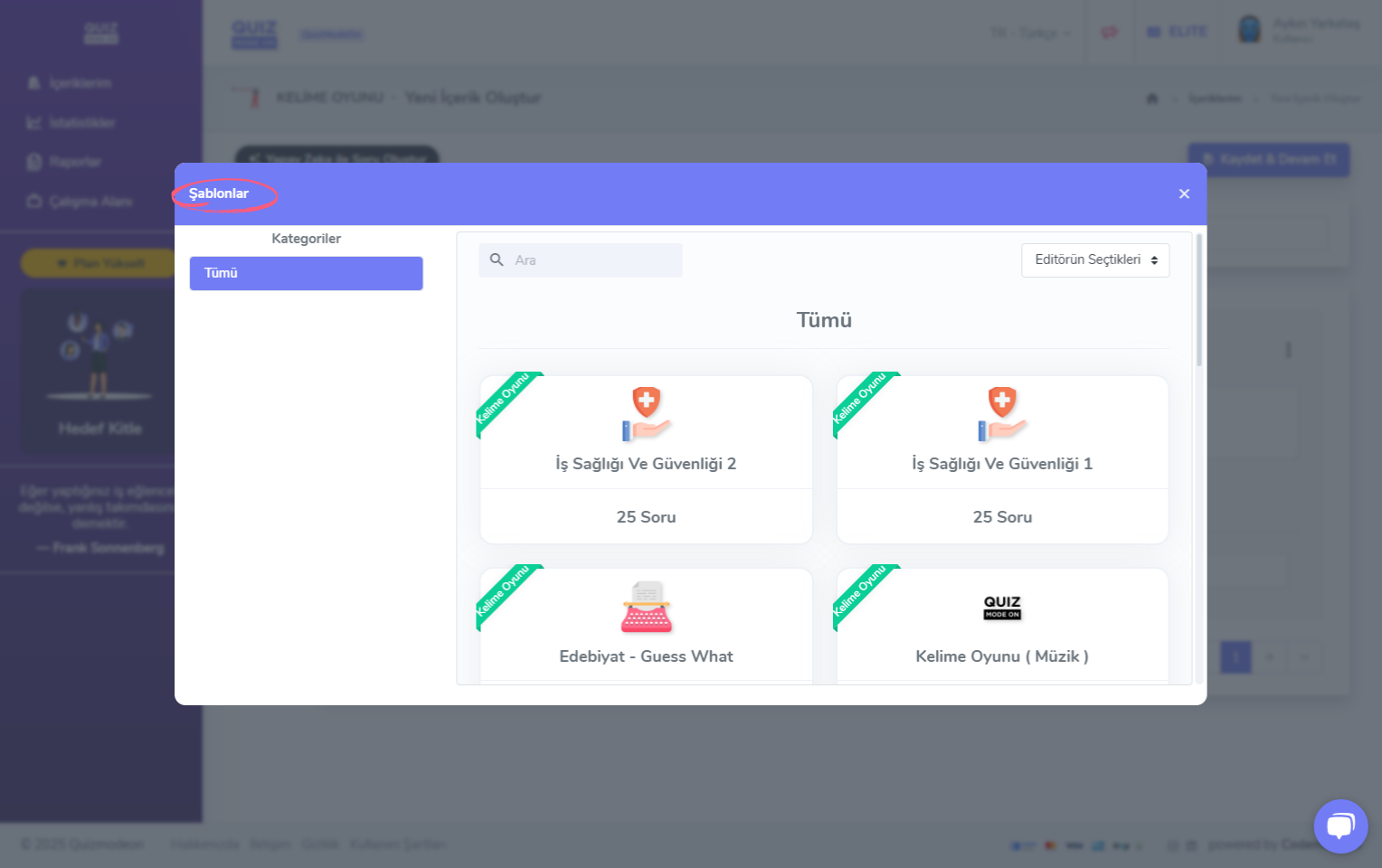 kelime oyunu oluşturma - içerik - soru ekleme - hazır içerik şablonları