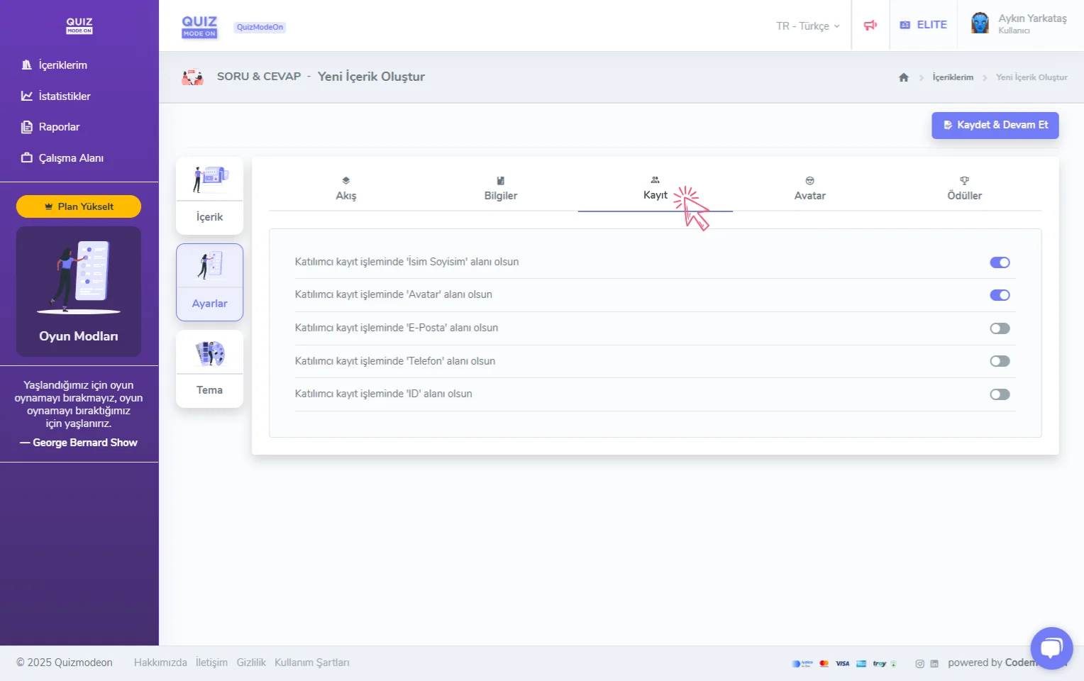 soru ve cevap oluşturma - ayarlar - katılımcı kayıt bilgileri