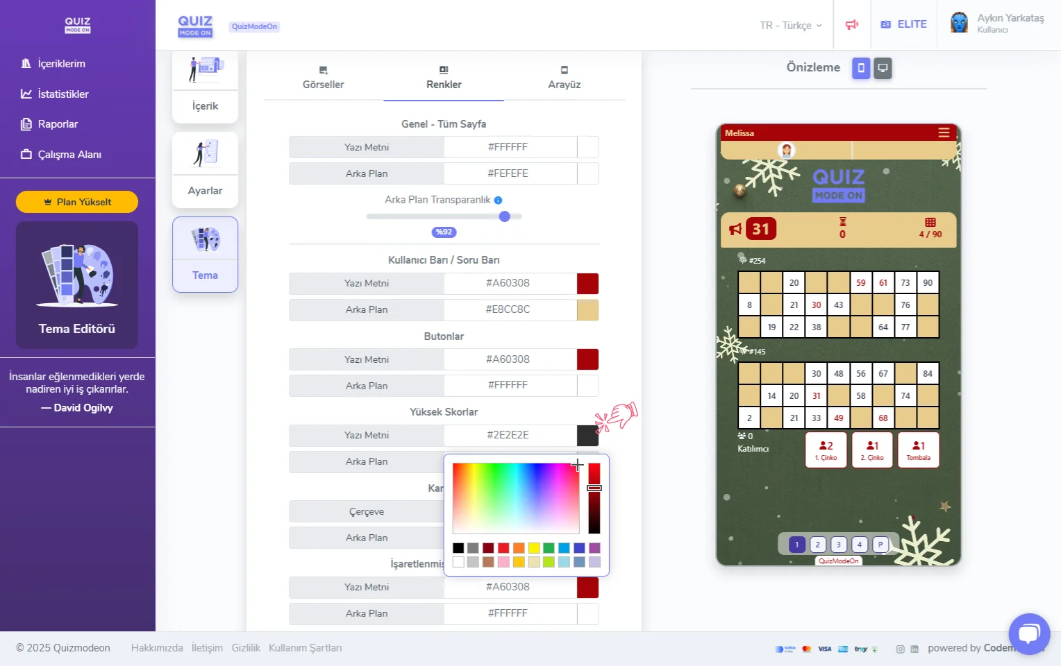 tombala oluşturma - tema editörü - renkler - renk seçimi