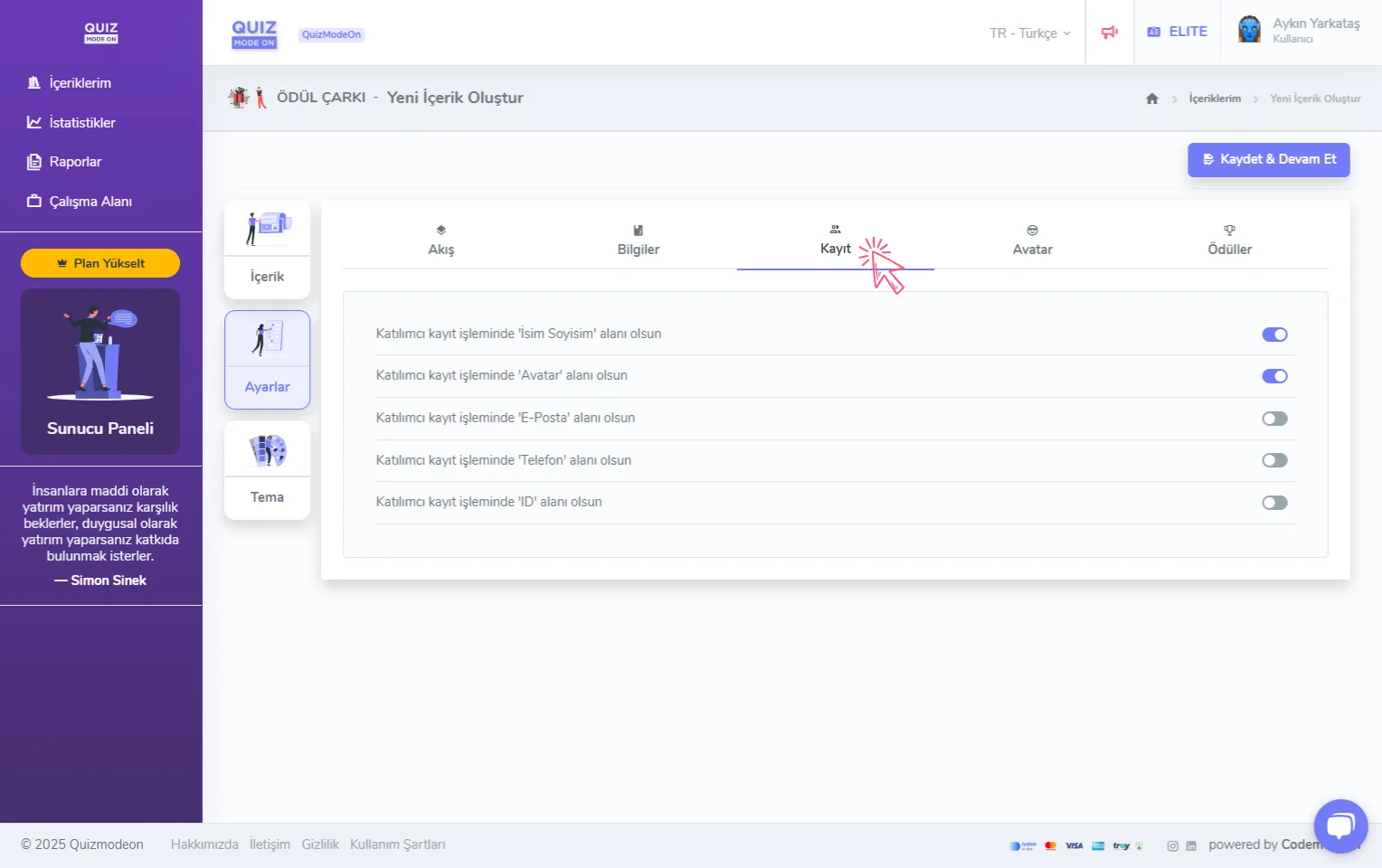 ödül çarkı oluşturma - ayarlar - katılımcı kayıt bilgileri