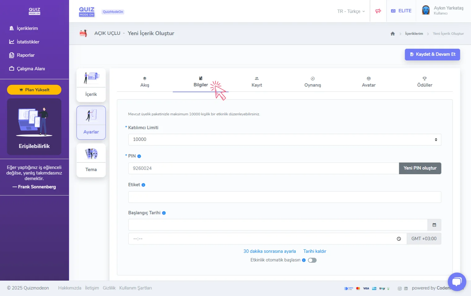 açık uçlu oluşturma - ayarlar - genel bilgiler