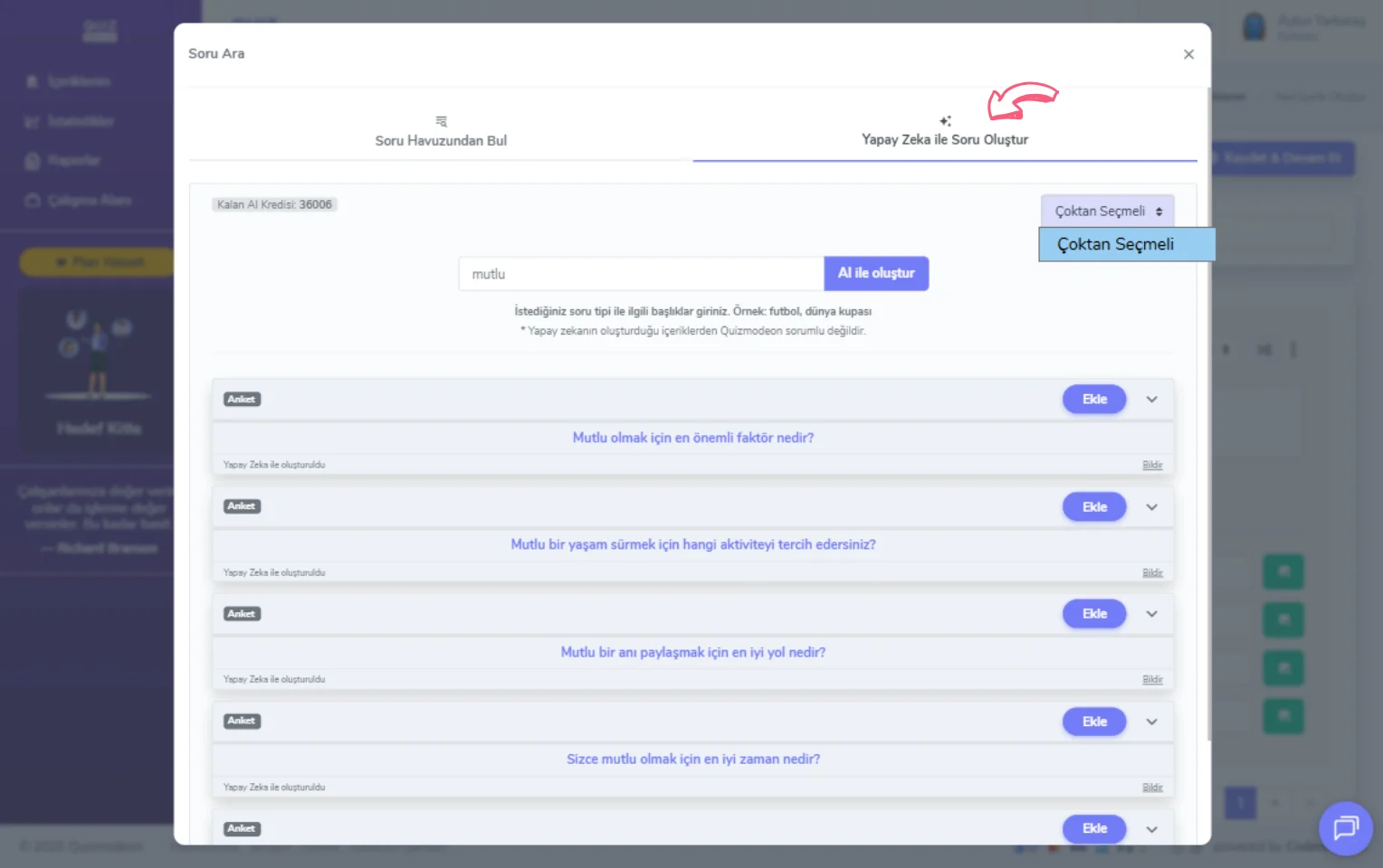 karma anket oluşturma - içerik - soru ekleme - yapay zeka ile soru oluşturma