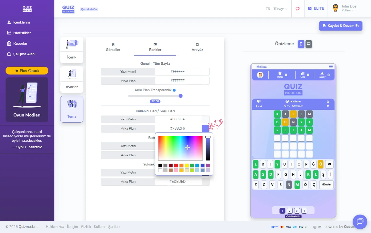 wordle oluşturma - tema editörü - renkler - renk seçimi