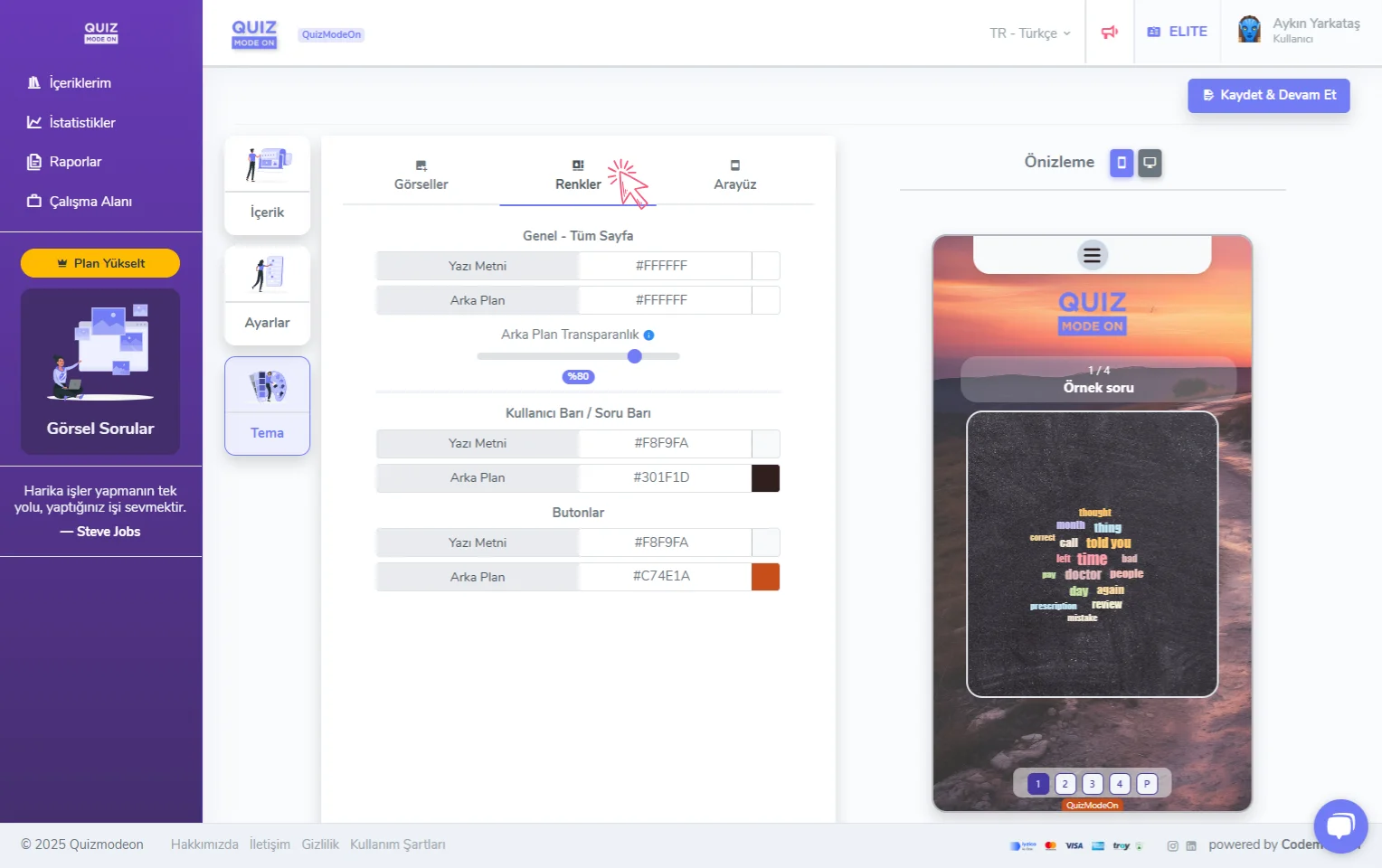 kelime bulutu oluşturma - tema editörü - renkler