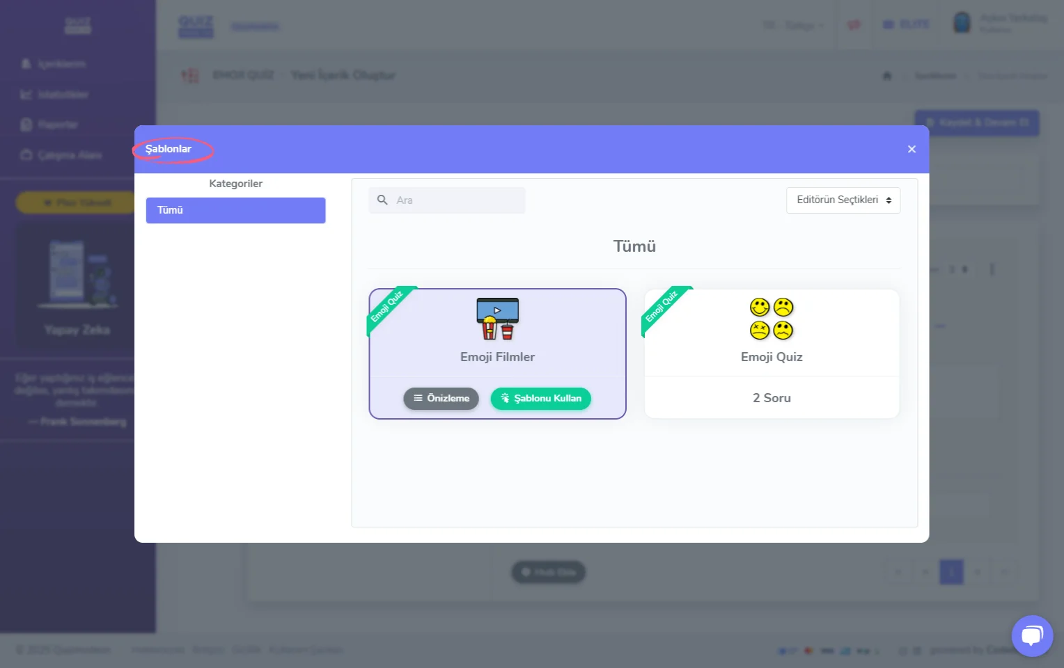 emoji quiz oluşturma - içerik - soru ekleme - hazır içerik şablonları
