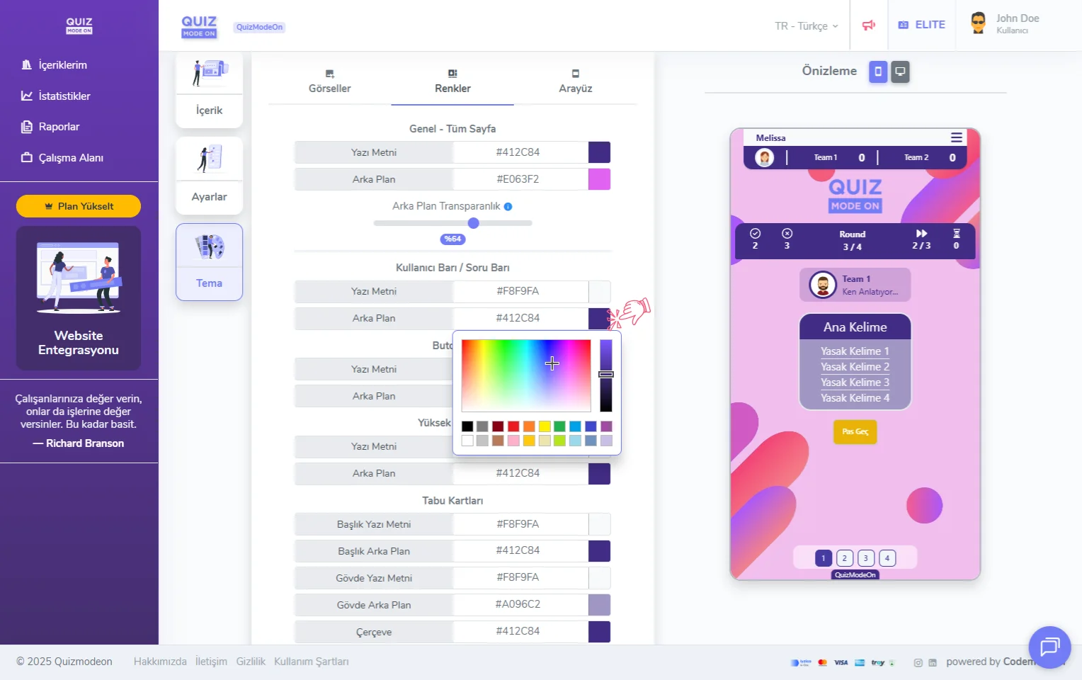 tabu oluşturma - tema editörü - renkler - renk seçimi