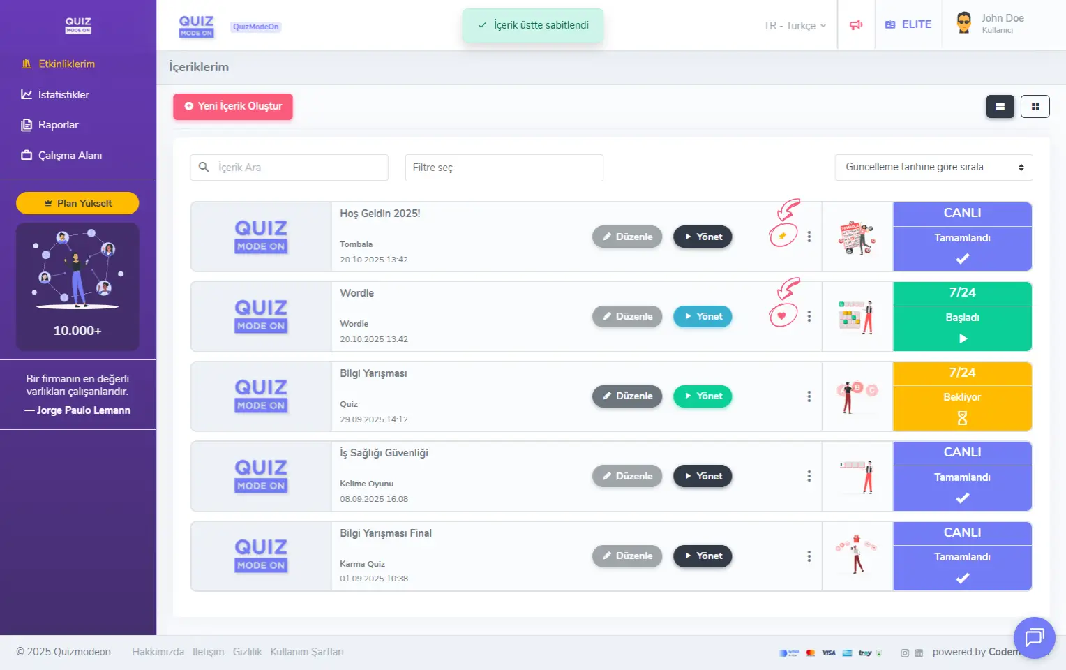 admin üye - ana sayfa - etkinliklerim - üste sabitleme ve favorilere ekleme