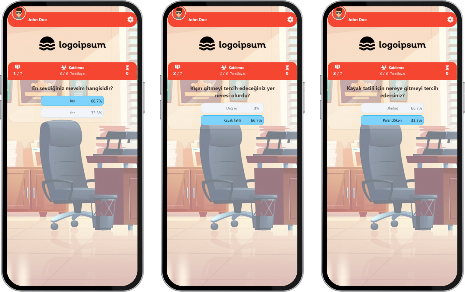 katılımcı - etkinlik akışı (dinamik anket) - olası cevaplama örneği ve farklı sonuçlar