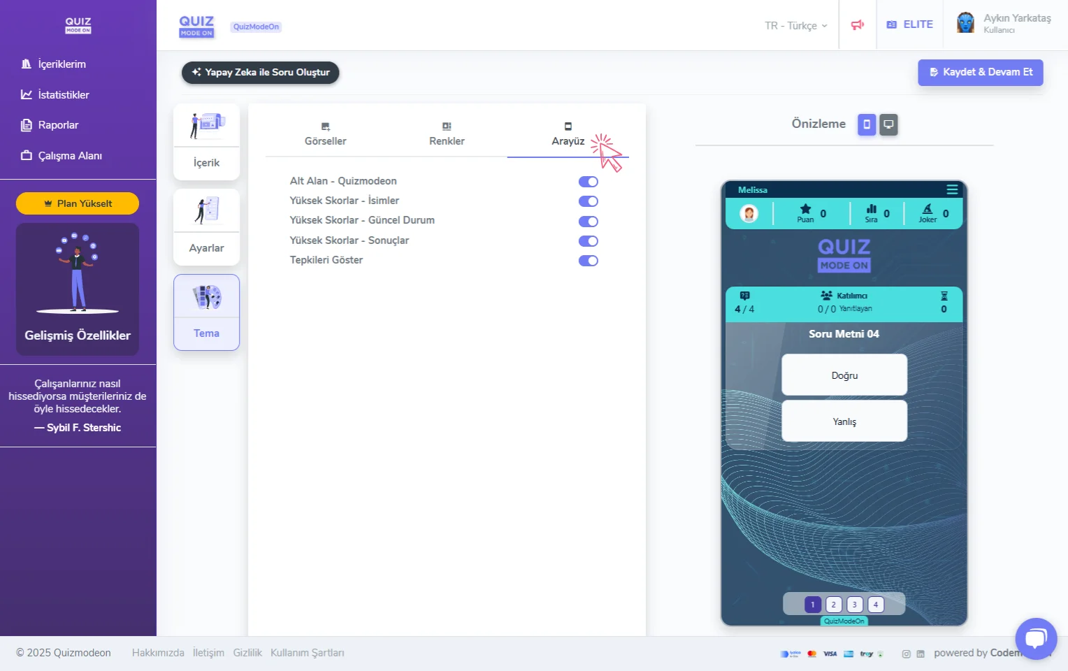doğru yanlış oluşturma - tema editörü - arayüz