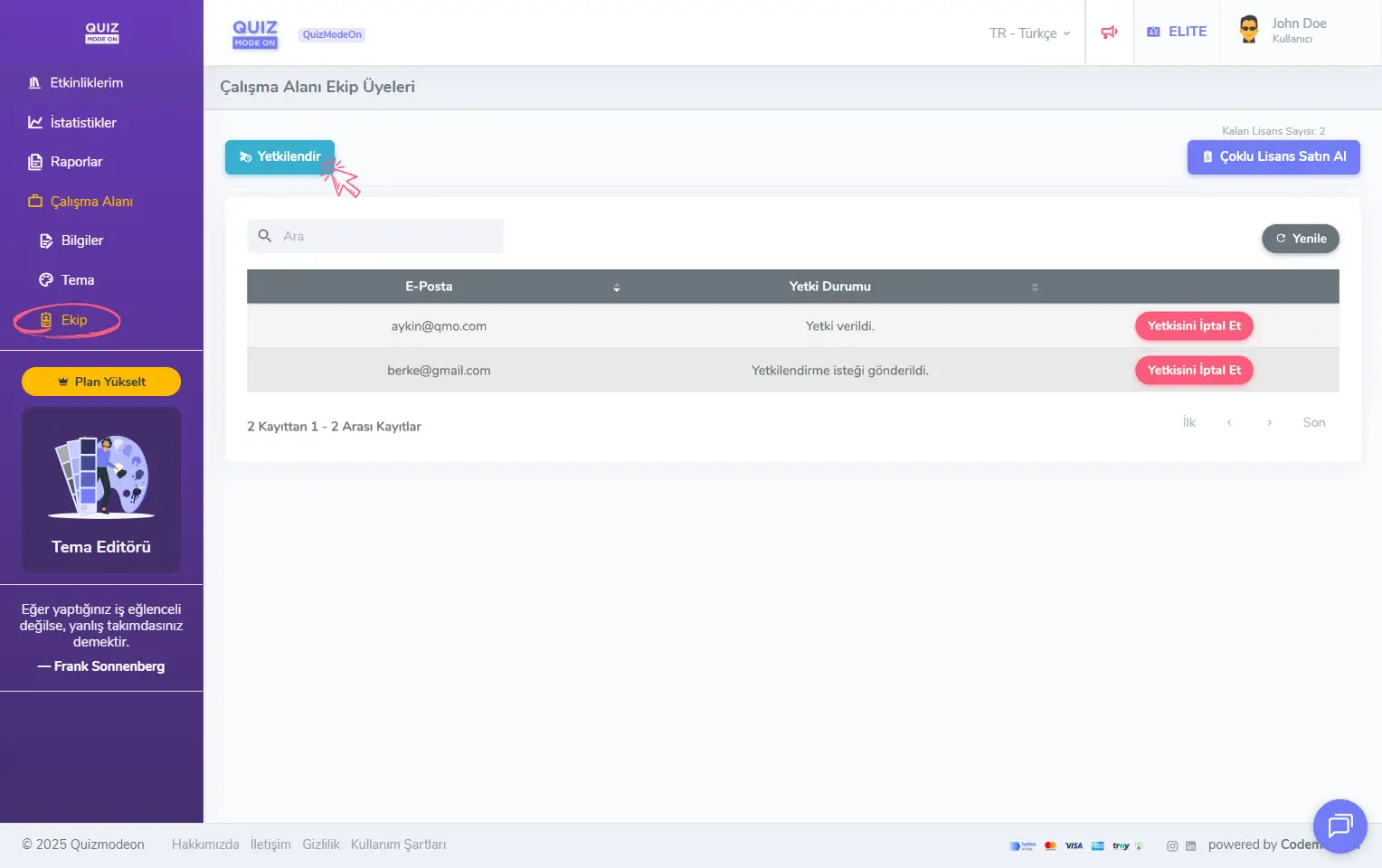 admin üye - sol menü - çalışma alanı - ekip üyeleri