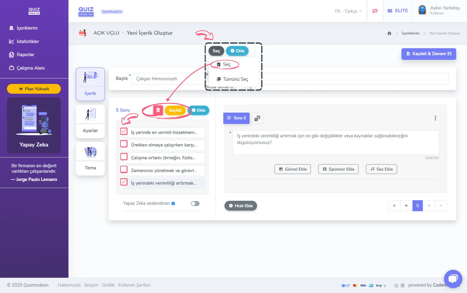 açık uçlu oluşturma - içerik - soru silme