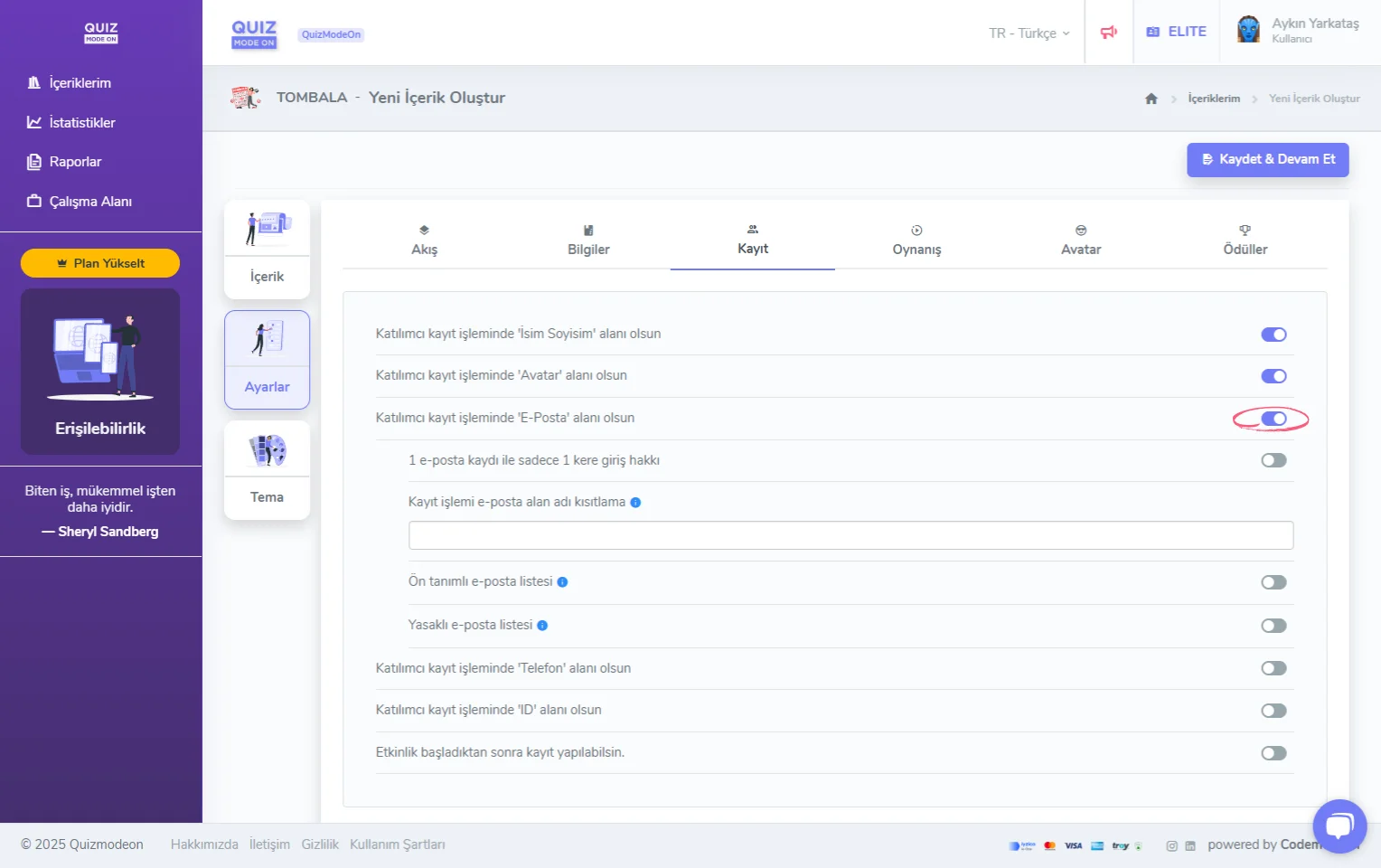 tombala oluşturma - ayarlar - katılımcı kayıt bilgileri - eposta