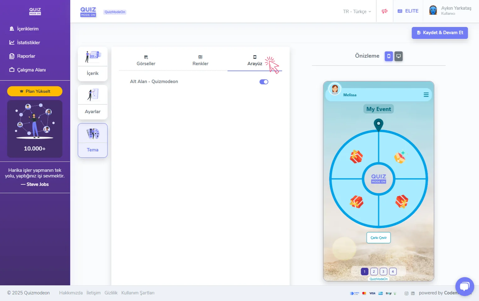 ödül çarkı oluşturma - tema editörü - arayüz